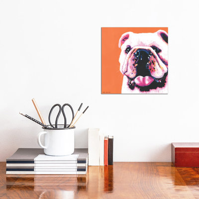 Bulldog On Orange, Square by Kirstin Wood - Wrapped Canvas Painting