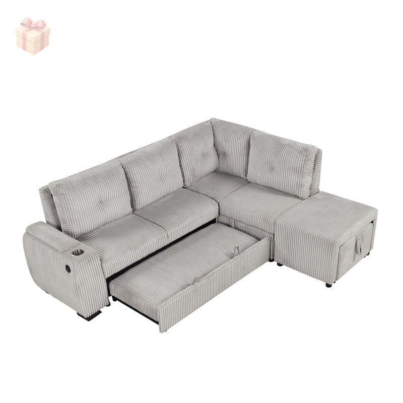Canapé-lit modulaire rembourré en velours côtelé polyvalent avec conversion rapide, grand rangement et ports USB pour une vie moderne