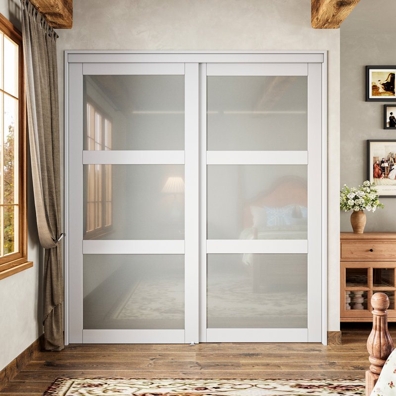 Ensemble de portes coulissantes pour garde-manger et garde-robe blanc 80 po 3 Lite, Blanc verre, 48 po x 80 po