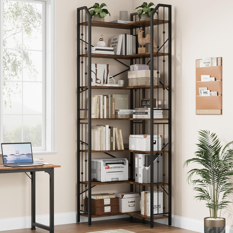Bibliothèque de coin en bois à 7 niveaux avec bibliothèque en bois et métal, Brun / Noir