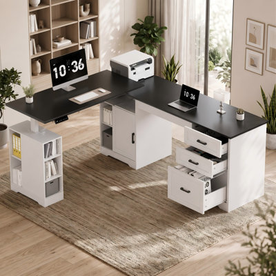 Bureau assis-debout électrique en forme de L de 165 cm, bureau d'angle réglable en hauteur avec design réversible, tiroirs et étagères de rangement pour bureau à domicile