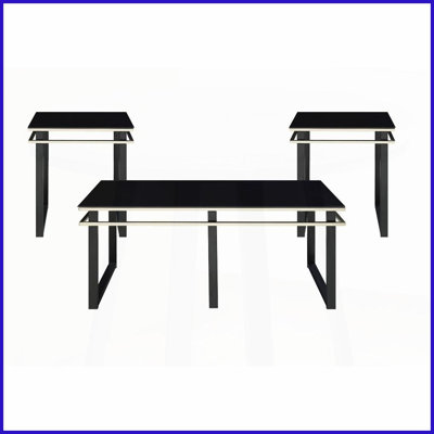 Ensemble de 3 tables basses de salon - plateau en verre trempé noir avec accents dorés, base en métal, assemblage facile