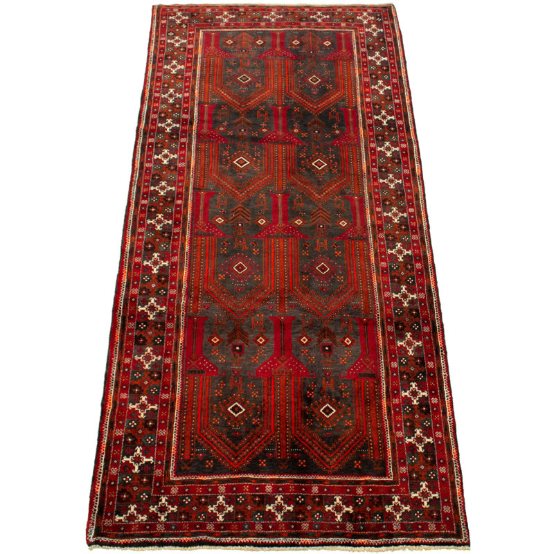 Tapis de couloir en laine noué à la main des années 1980 de conception unique 3 pi 11 po x 9 pi 5 po Tapis décoratif rouge