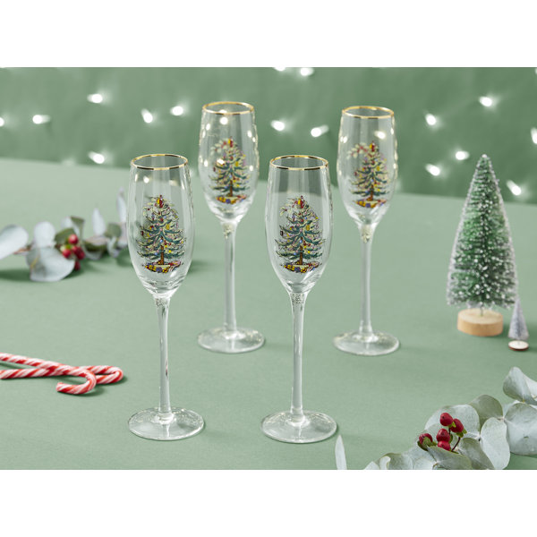 SPODE Christmas Tree 10” Champagne Flutes Gold Trim Set of 2