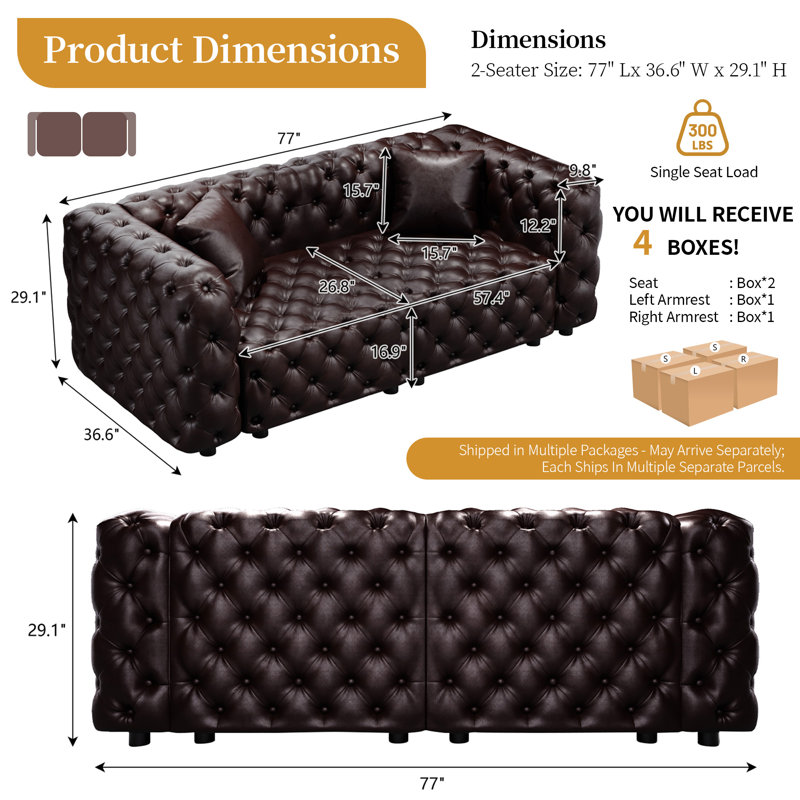 Faux Leather Sofa, 2 Seat, Brown