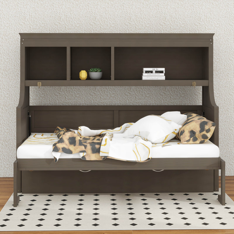 Lit escamotable simple avec bureau, cadre de lit mural en bois avec tablettes de rangement, cadre de lit armoire de ferme peu encombrant