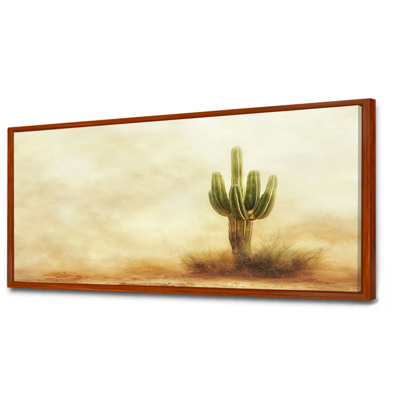 Cactus tempête de sable I - art mural cactus, H 28 po x l 60 po, Cadre flottant, Brun