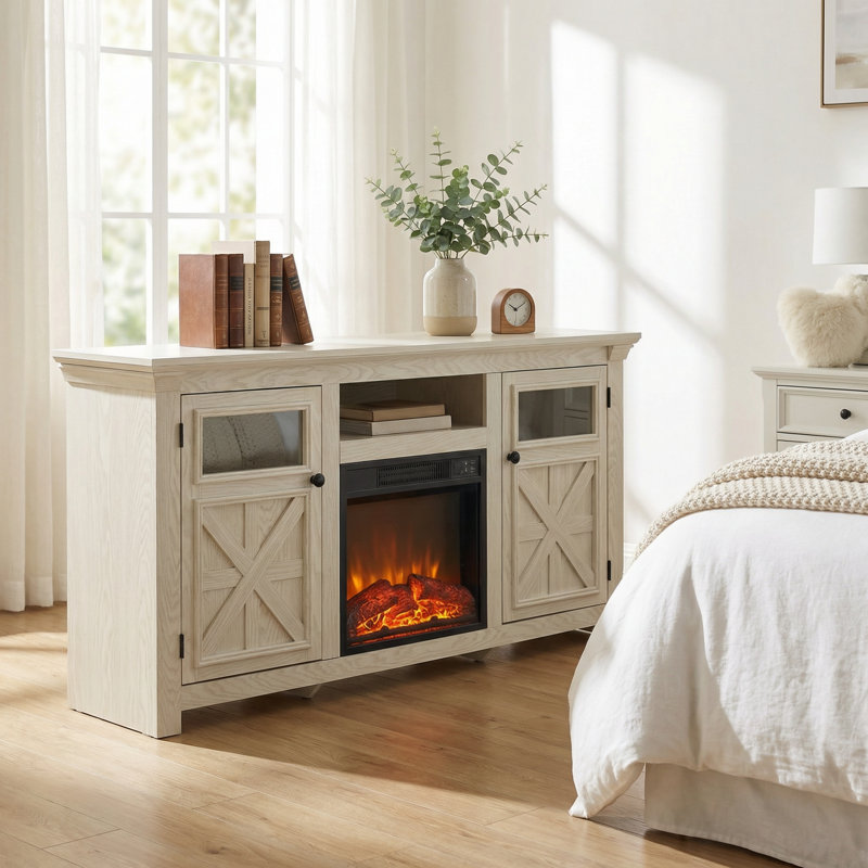 Console de divertissement de style maison de campagne avec foyer électrique intégré et amplement d'armoires de rangement