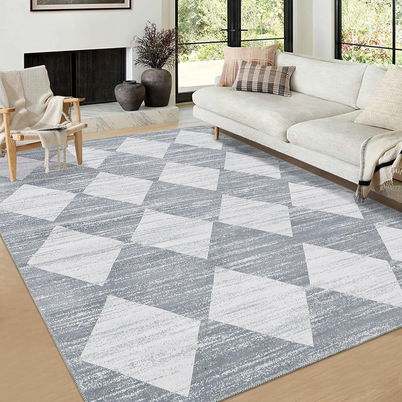 Washable Runner Rug, Modern Checkered, Non-Slip, Soft Carpet for Hallway, Kitchen, Bathroom, Black, Rectangle 5' x 7'