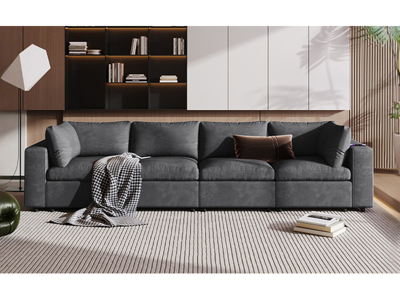 Canapé modulaire rembourré avec espace de rangement, ports de charge USB, charge sans fil et haut-parleur Bluetooth intégré dans les bras, canapé modulaire pour le salon