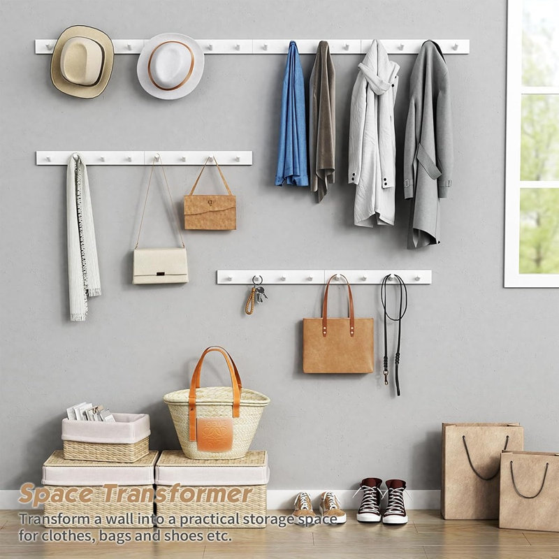 Porte-manteau mural en bois blanc, crochets robustes pour manteaux, chapeaux, sacs et vestes