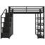 Lit mezzanine en métal avec tablettes de rangement, armoires et garde-robe