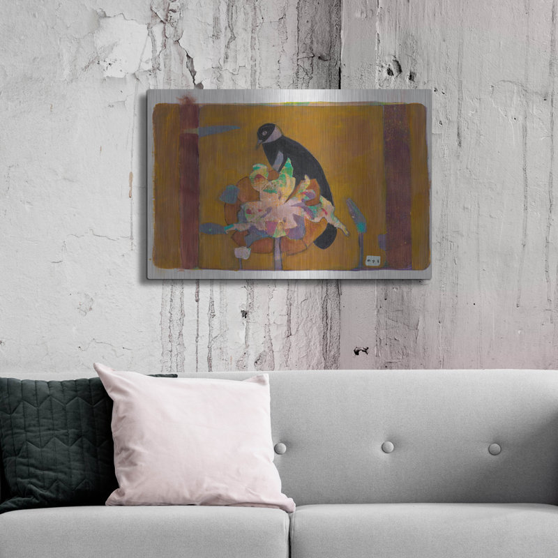 "Oiseau noir sur une fleur bronzée 10" par Maria Pietri, H 24 po x l 36 po