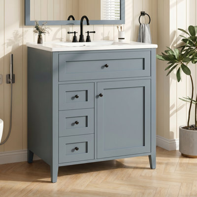 Meuble-lavabo simple autoportant de 30 po avec lavabo en céramique, portes à fermeture douce, 3 tiroirs, tablette intérieure réglable, assemblage facile