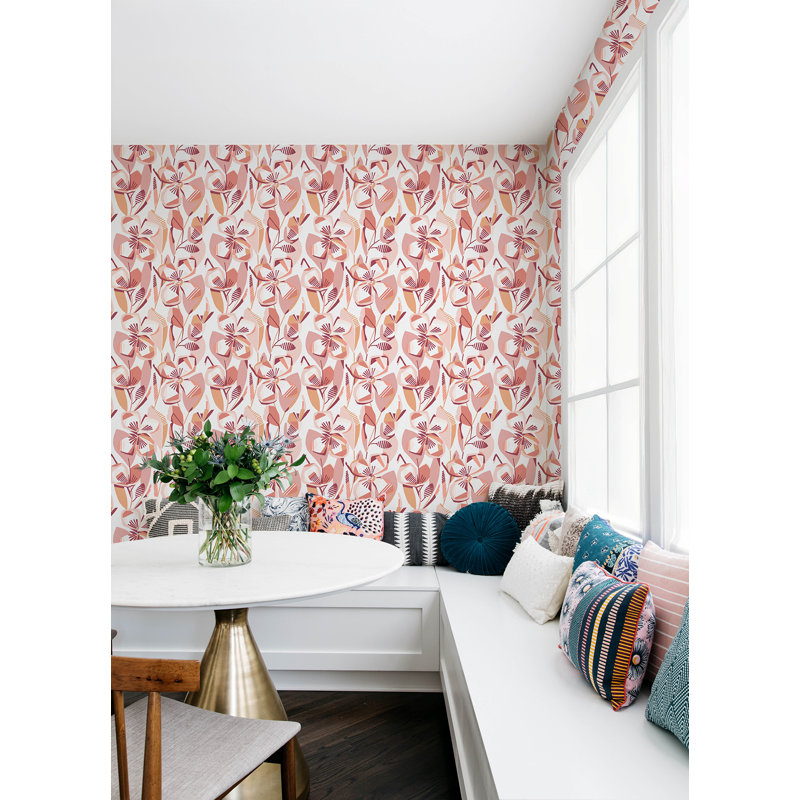 Nathalie Light Green Abstract Blooms Wallpaper, Coral