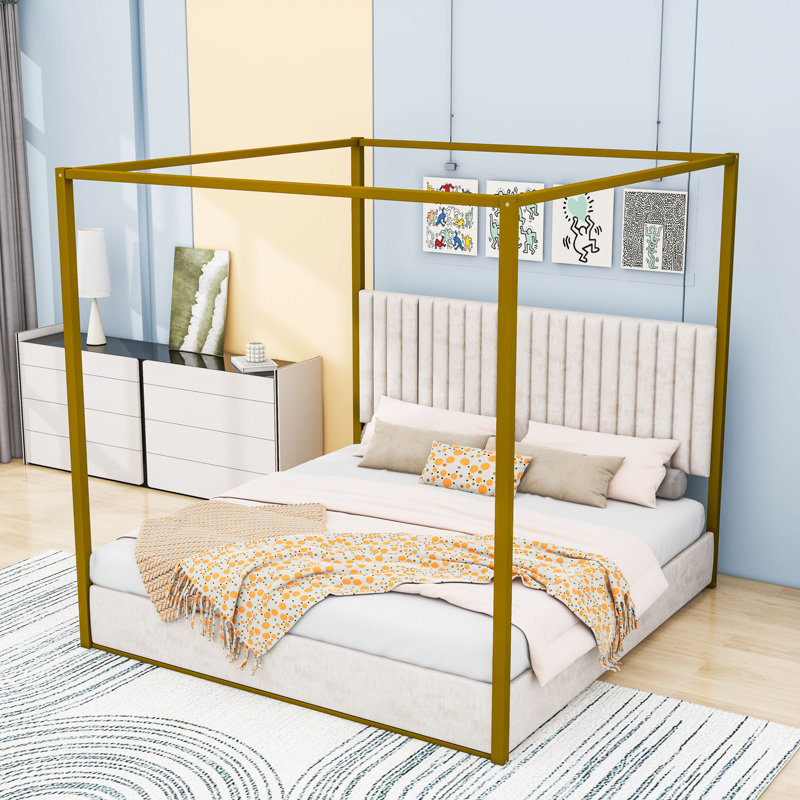 Upholstery Canopy Platform Bed with Headboard, Gold/White, King