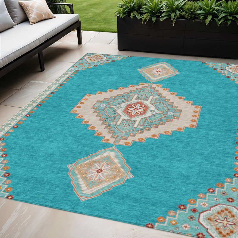 Tapis intérieur / extérieur lavable bleu sarcelle et ivoire HomeRoots 5 pi x 8 pi