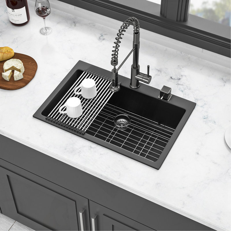 Quartz Kitchen Sink - 33X22" Black Granite Composite Drop In Kitchen Sink