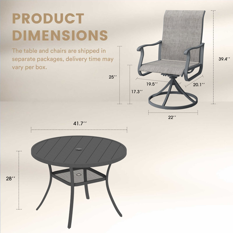 Ensemble repas d'extérieur pour 4 personnes avec chaises pivotantes 4 personnes, Gris