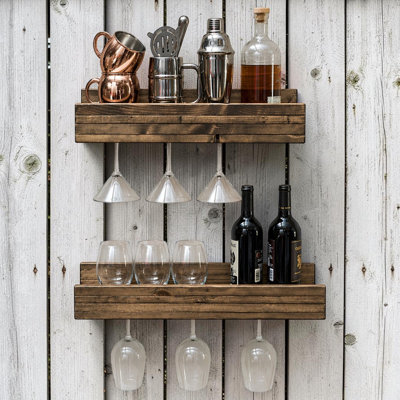 Set of 2 Wall Mounted Wine Racks with Side-Load Stemware Holder, Solid Wood Floating Shelves with Glass Storage, 20 inch Dark Walnut by Gracie Oaks