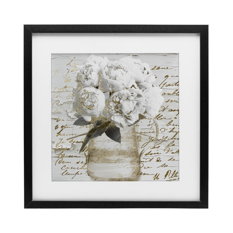 Pivoines avec écriture rétro encadrée sous verre, design par Sophie 6, H 13 po x l 13 po, Cadre noir minuit