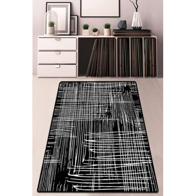 Antibacterial Area Rug, Black & White, 31.5 x 55.1 inches | 100% Polyester, 0.16 in Pile Height, Non-Slip Felt Dot Underside | Machine Washable, Durable & Easy to Clean | Perfect for Living Room & Bedroom Décor