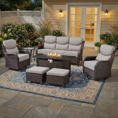 7 - Person Luxury Wicker Patio Furniture Set With Fire Pit Table & 6-Inch Extra-Thick Cushion Swivel Chairs, Side Table