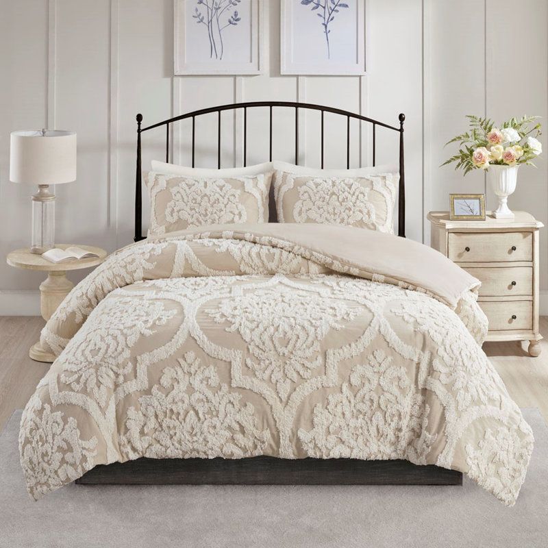 Ensemble de literie grand lit/queen, en chenille de coton capitonnée, style shabby chic, housse de couette avec fermeture à boutons, pour une chambre confortable