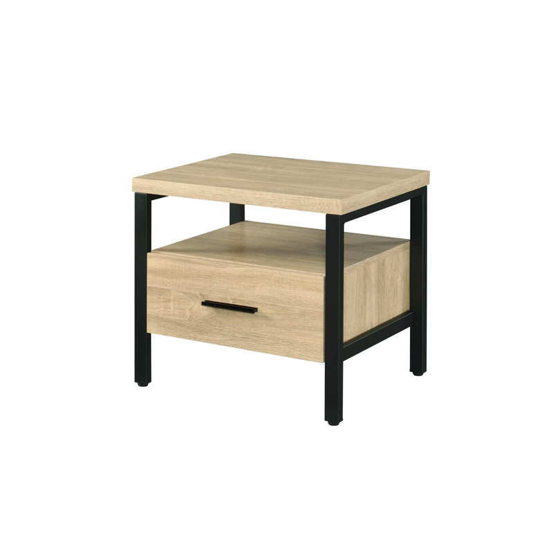 Oak & Black Accent Table, Metal Legged, 1 Storage Drawer And Open Shelf Table In Black, Compartment Unit
