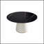 Table de salle à manger ronde moderne en pierre artificielle noire avec base en polyuréthane beige, pouvant accueillir 6 personnes pour des repas et des rassemblements élégants.-488618645-488618643