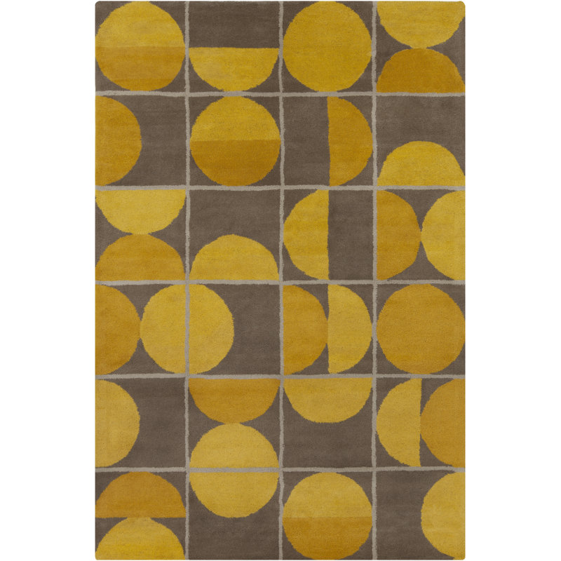Tapis géométrique moderne en laine touffeté à la main gris anthracite, moutarde et brun Ailey, Rectangulaire 8 pi x 10 pi
