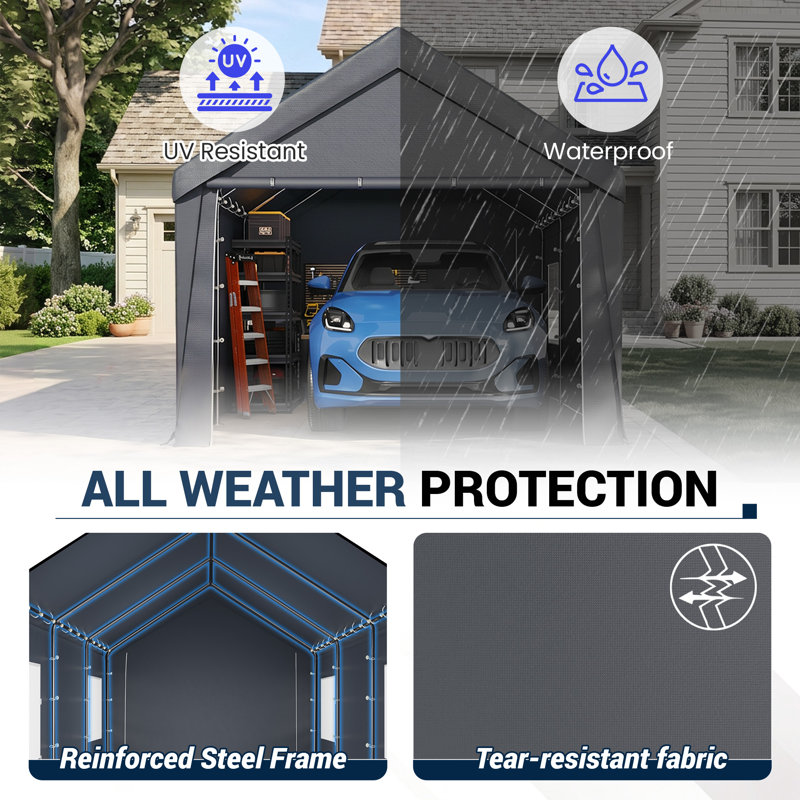 10 Ft. W X 20 Ft. D Car Canopy Portable Garage, Heavy Duty Car Port With Roll-up Ventilated Windows , Uv Resistant Waterproof All-season Tarp For Car, Boat And Emergency Shelter, White/ Black/ Yellow