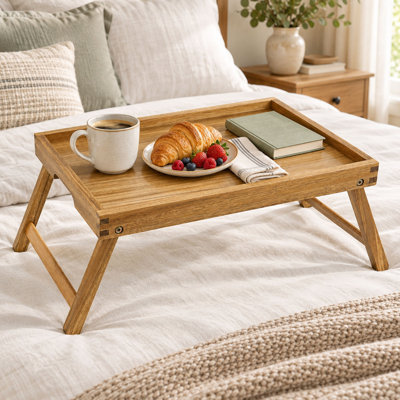 Acacia Wood Bed Tray Table with Folding Legs and Carry Handles