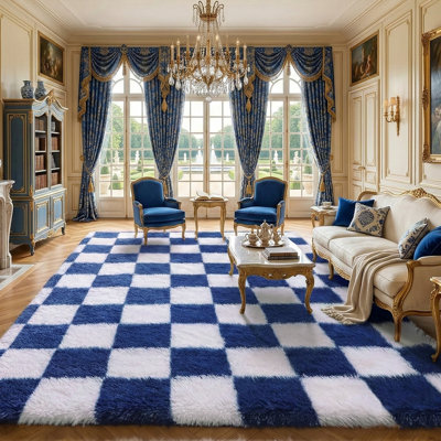 Plush Checkered Shag Area Rug - Soft Fluffy Blue & White Grid Fleece Carpet for Living Room, Bedroom, Dry-Clean Only, High-Pile Shaggy Rug with Modern Checkerboard Pattern, Cozy Non-Slip Floor Decor for Contemporary Home Spaces