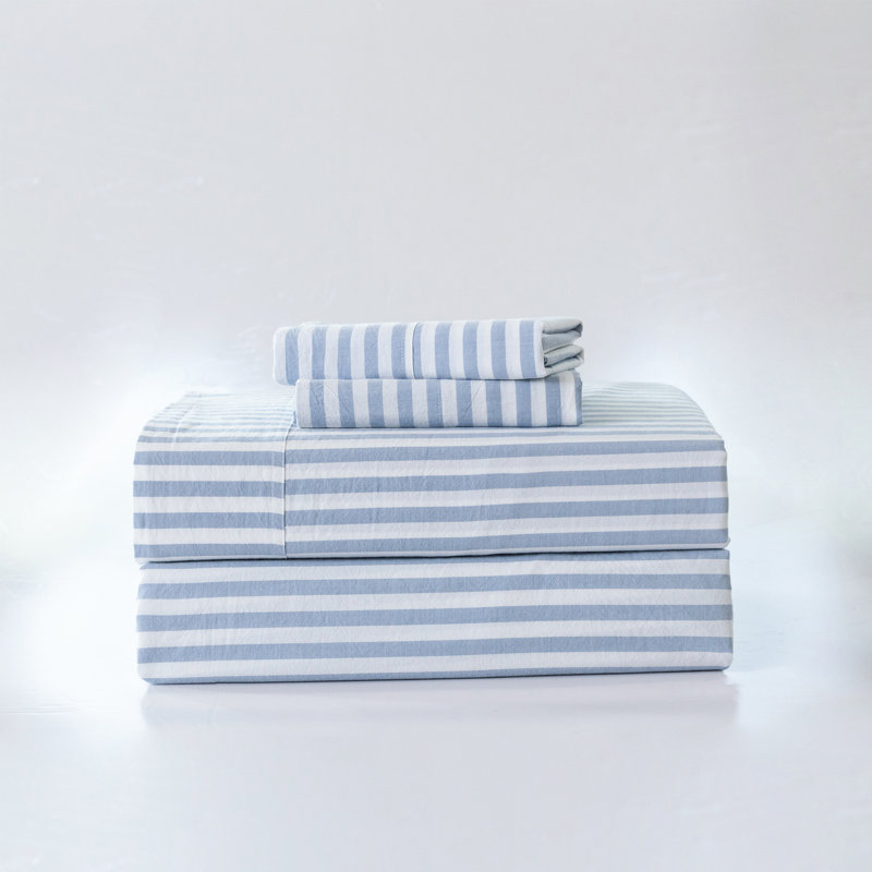 MooMee Striped Sheet Set 100% Washed Cotton Linen Like Textured Breathable Lightweight, King Sheet Set with 2 Pillowcases