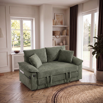 58 Inch Retractable Foldable Sofa Bed with Side Pockets, USB Port, Easy Conversion, Pillows Included, Easy Setup for Living Room Bedroom Apartment