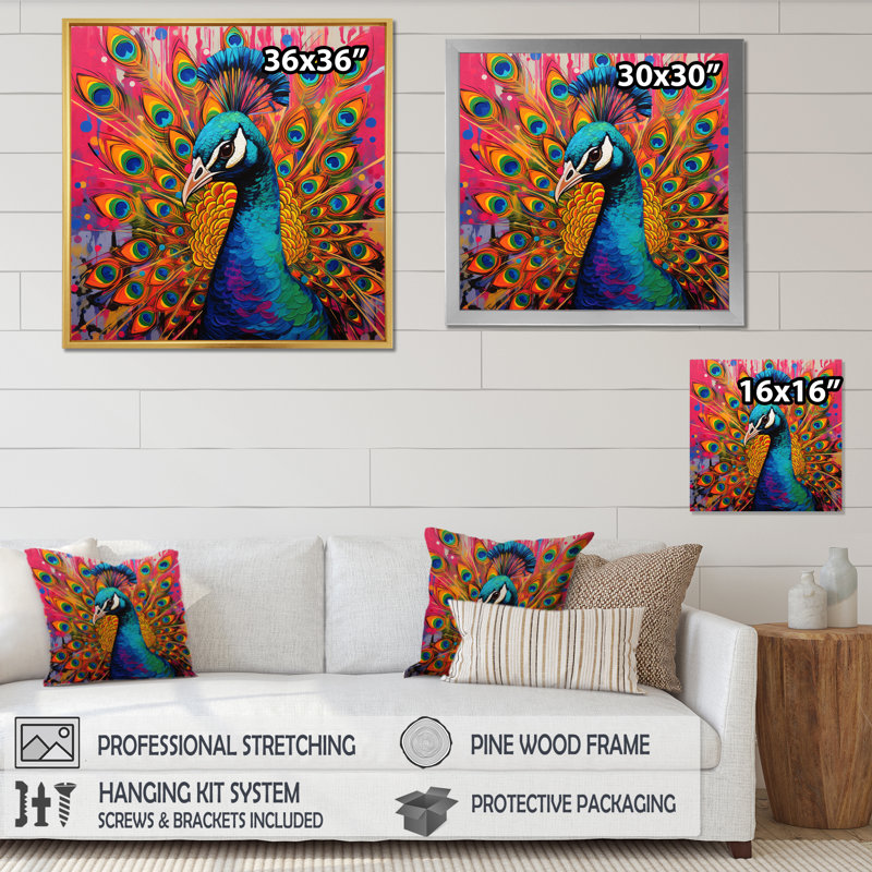 Bleu sarcelle, Pop Art, paon - paon, art mural sur toile, H 16 po x l 16 po x P 1 po, Cadre flottant doré