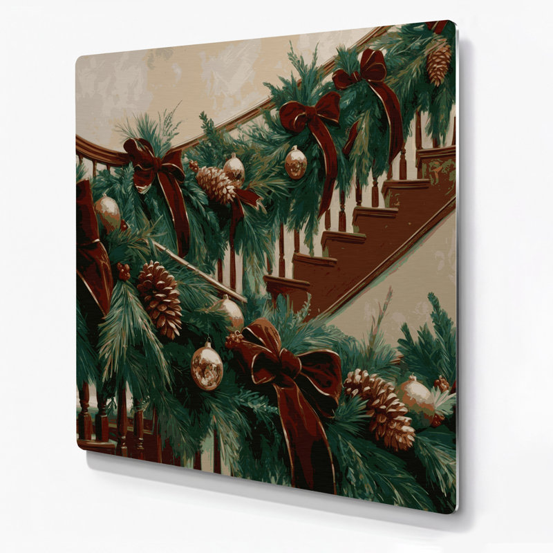 Guirlande de Noël enroulée autour d'une rampe d'escalier, art mural en métal brun