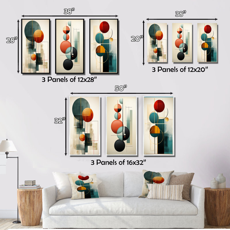 «Rising With The New Moon Geometrics Retro Blue», 3 pièces, H 32 po x l 48 po, Cadre flottant noir
