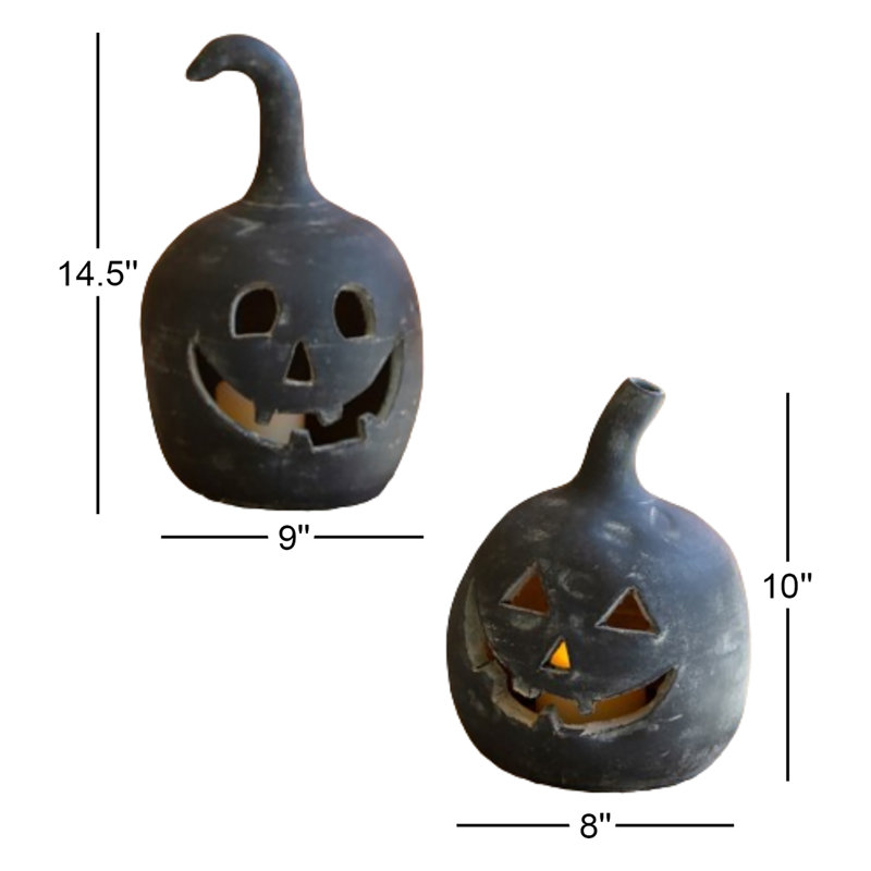 SET OF TWO BLACK CLAY JACK-O-LANTERNS