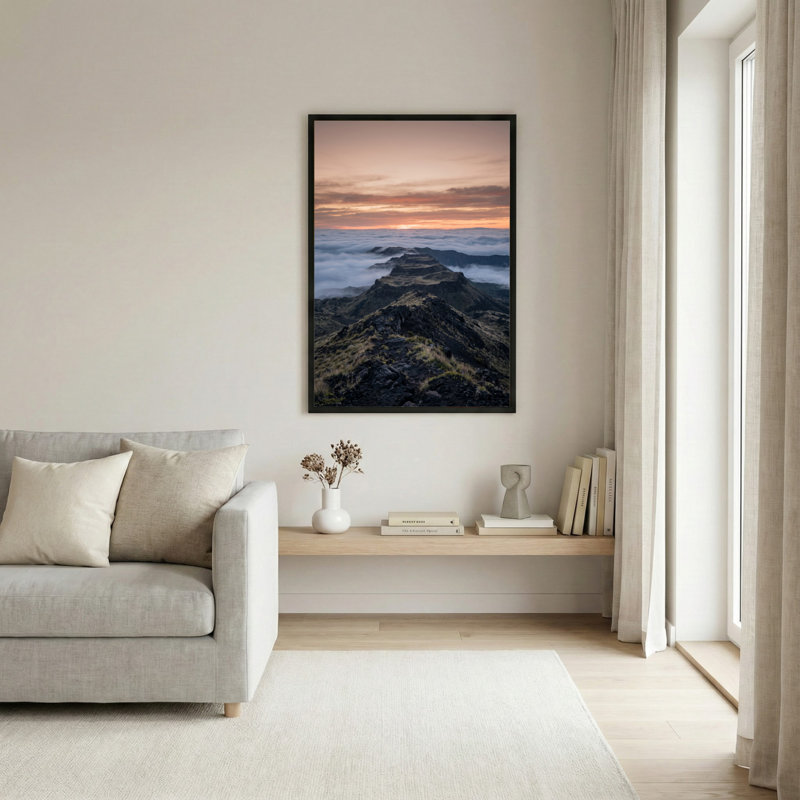 Toile noire encadrée en bois noir pour salon, chambre à coucher, bureau ou vestibule - décoration murale décorative avec ciel de montagne