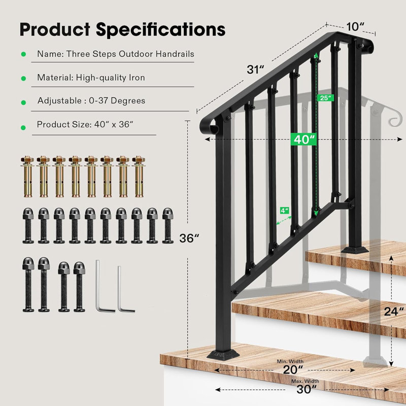 VIVOSUN 3-4 Step Black Wrought Iron Stair Handrail Kit