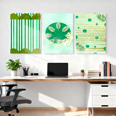 Tropical Leaves and Geometric Patterns Canvas Wrapped Wall Art, Modern Botanical Print (Set of 3)