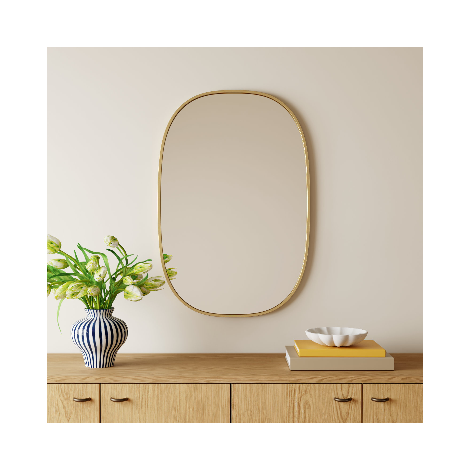 Sabine Metal Curved Oval Wall Mirror, 36" x 24", Brass