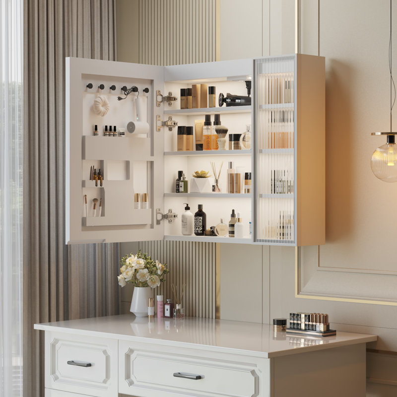 White Particleboard LED Mirror Cabinet With 2 USB