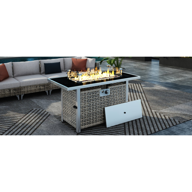 43" Rectangular Grey Open Weave Propane Fire Pit Table, 60000 , With Blue Glass Stones, Tempered Wind Guard, And 20lbs Storage For Outdoor Family Gatherings Gas Bohemian Charm, Removable - Rust Lid