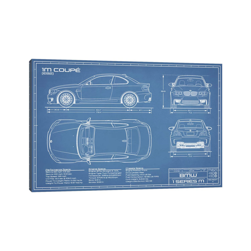 BMW 1M Coupe (F82) | Blueprint by Action Blueprints - Wrapped Canvas Print, Blue, 152.5 cm H x 101.5 cm W