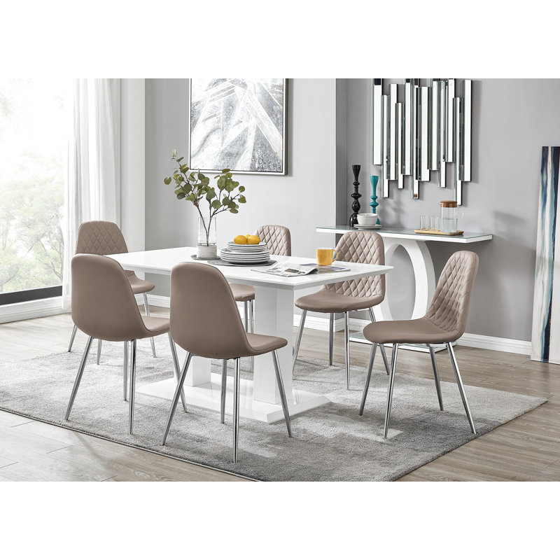 Edzard Double Pedestal High Gloss Dining Table Set with 6 Luxury Faux Leather Dining Chairs, Cappuccino Beige