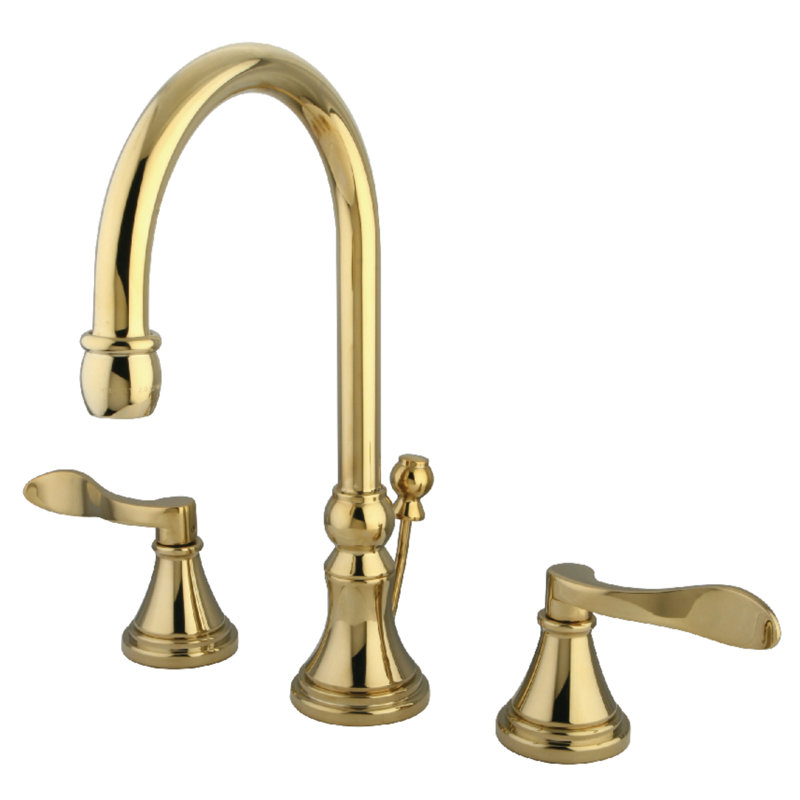 Kingston Brass NuFrench Two-Handle 3-Hole Deck Mount Widespread Bathroom Faucet with Brass Pop-Up Drain, Polished Brass