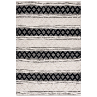 Hand Woven Wool/Cotton Geometric Rug in Ivory/Black